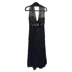 Betsy & Adam Black Lace Halter Gown – Sheer Illusion Mesh & Satin Bow – Size 14